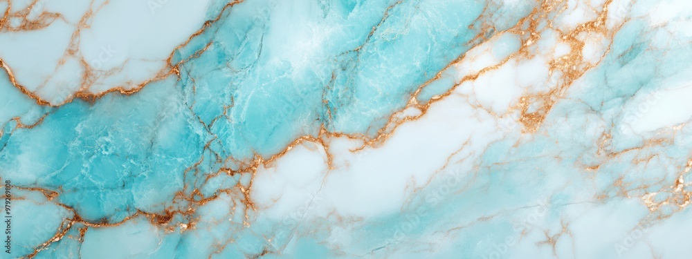 Fototapeta premium Abstract background featuring marble texture and gold glitter, turquoise and white marble background with cracked golden elements.