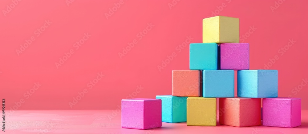Striking geometric arrangement of colorful cubes and blocks stacked in a balanced tower formation against a vibrant minimalist background This abstract 3D composition showcases modern design Striking geometric arrangement of colorful cubes and blocks stacked in a balanced tower formation against a vibrant minimalist background This abstract 3D composition showcases modern design