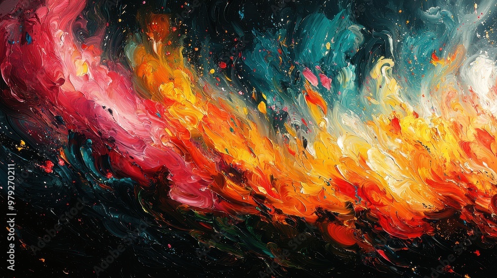 Vibrant abstract painting showcasing a fiery blend of reds, oranges, and blues with swirling patterns and dynamic brushstrokes Vibrant abstract painting showcasing a fiery blend of reds, oranges, and blues with swirling patterns and dynamic brushstrokes