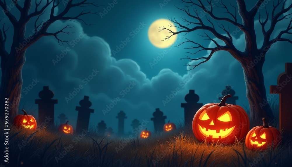 Eerie Halloween night with glowing jackolanterns and gravestones under a full moon Eerie Halloween night with glowing jackolanterns and gravestones under a full moon
