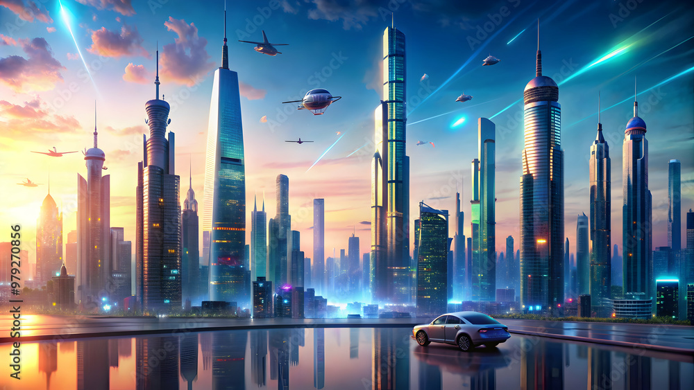 Futuristic city skyline with holographic buildings and flying cars, futuristic, landscape, city, skyline Futuristic city skyline with holographic buildings and flying cars, futuristic, landscape, city, skyline