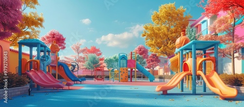 Vibrant and Colorful Autumn Playground in an Urban Community Park Setting with Scenic Landscaping Slides Swings and Other Playful Equipment for Children s Recreation and Family Fun