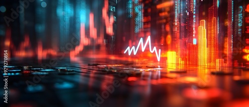 neon stock market rates with coins and notes at the black screen, digital arrow come out from it. real-time stock price movement, currency exchange rate fluctuations, currency stock and investment 