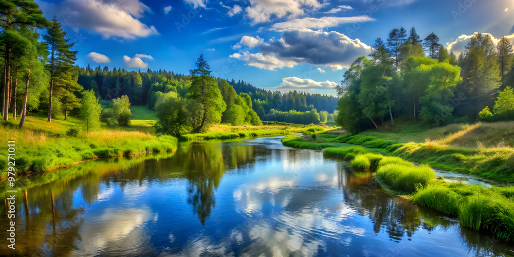 Tranquil scene of a serene landscape with blue sky, lush forests, and trickling streams, serene, landscape Tranquil scene of a serene landscape with blue sky, lush forests, and trickling streams, serene, landscape