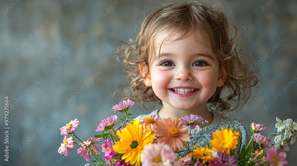 A child holding a bouquet of flowers, smiling with love and affection, as studio lighting softly illuminates their expression of pure joy. A child holding a bouquet of flowers, smiling with love and affection, as studio lighting softly illuminates their expression of pure joy.