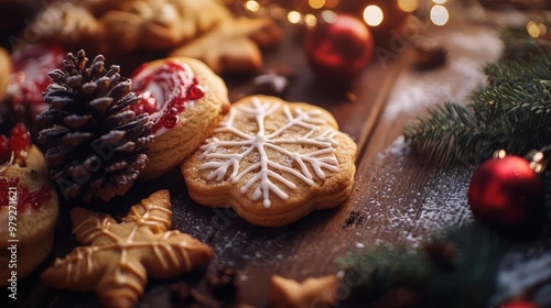 Beautifully decorated holiday cookies arranged with pinecones and ornaments, capturing the festive spirit of winter celebrations.