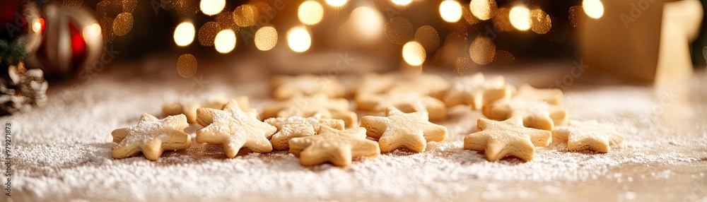 Delicious star-shaped cookies scattered on a festive table, surrounded by a warm, inviting holiday atmosphere. Delicious star-shaped cookies scattered on a festive table, surrounded by a warm, inviting holiday atmosphere.