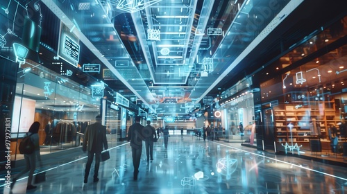 Futuristic shopping mall featuring augmented reality navigation, advanced smart payment systems, and AI-driven product recommendations for an enhanced shopping experience.