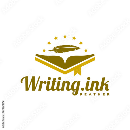a book with stars and feather ink. logo for book publishing company or any business book related