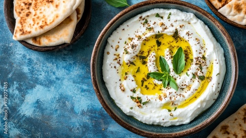 Labneh yogurt cream cheese with olive oil, herbs and zaatar on blue, copy space. Traditional arabian or middle eastern homemade labneh dip with pita bread for breakfast. Arabic Cuisine photo