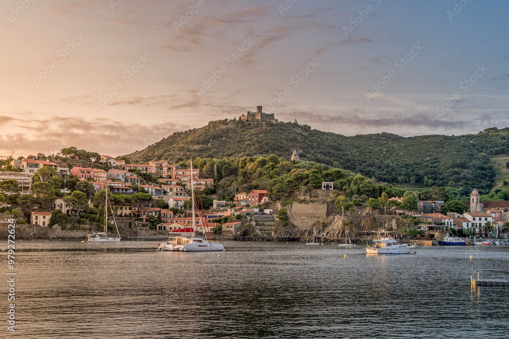 Sunrise At The Port Of Collioure. Coastal Village. Coastal Village On The Côte Vermeille In France.