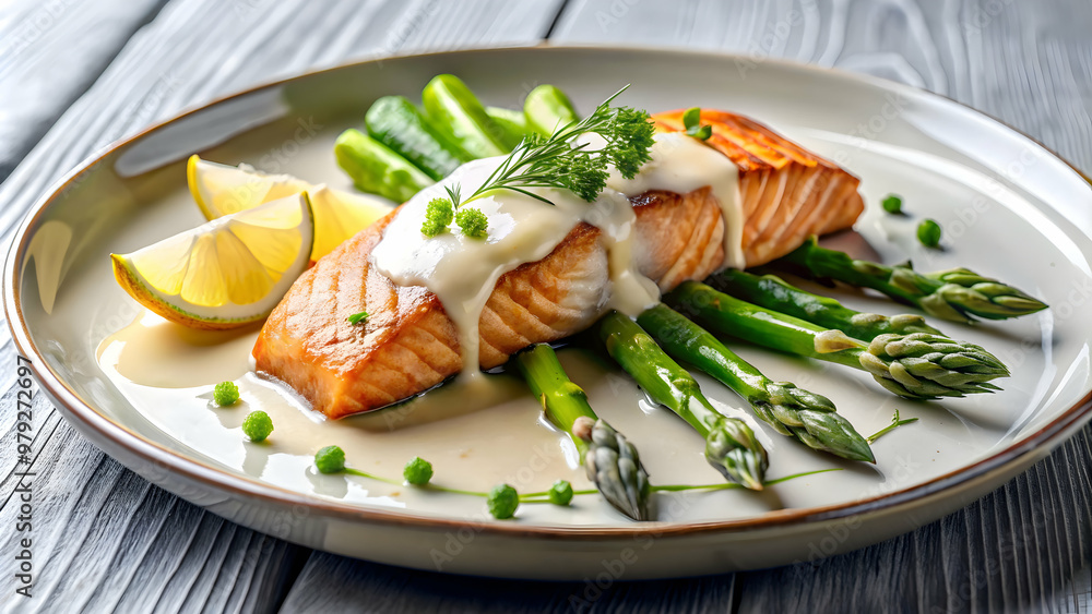 Gourmet dinner plate featuring seared salmon, asparagus, and creamy sauce, gourmet, dinner, plate, seared, salmon Gourmet dinner plate featuring seared salmon, asparagus, and creamy sauce, gourmet, dinner, plate, seared, salmon