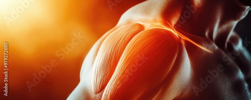 Close-up view of a muscular shoulder, showcasing strength and definition against a warm, glowing background.