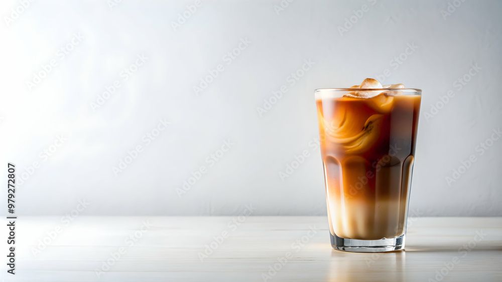 Minimalist iced coffee in a clear glass on a white background, Minimalist, iced coffee, glass, cold brew, caffeine, refreshment Minimalist iced coffee in a clear glass on a white background, Minimalist, iced coffee, glass, cold brew, caffeine, refreshment