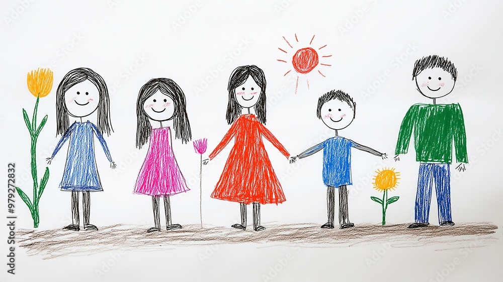 Children's cute drawing, children holding hands. It is drawn with colored pencils. Children's cute drawing, children holding hands. It is drawn with colored pencils.