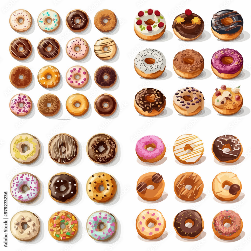 A collection of donuts with various toppings and colors A collection of donuts with various toppings and colors