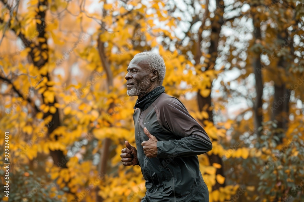 Black senior man running jogging person autumn. Black senior man running jogging person autumn.