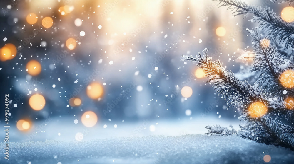 Naklejka premium Blurred bokeh winter landscape with falling snow and glowing lights