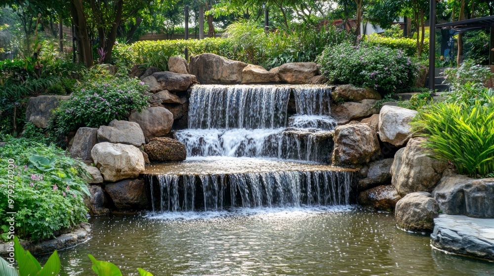 Naklejka premium landscape of beautiful Artificial waterfall in garden at the public park
