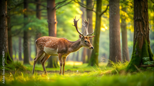 A peaceful deer grazing in a serene forest setting, deer, forest, wildlife, nature, tranquil, peaceful, mammal, woodland, trees