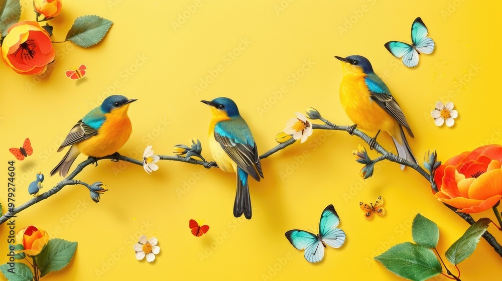 Fototapeta premium Vibrant spring birds and butterflies perched on blooming branches in an idyllic lush garden setting The colorful delicate flowers and foliage create a serene