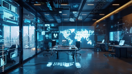 High-tech futuristic workspace equipped with holographic displays, sleek smart desks, and virtual reality tools for enhanced remote team interaction.