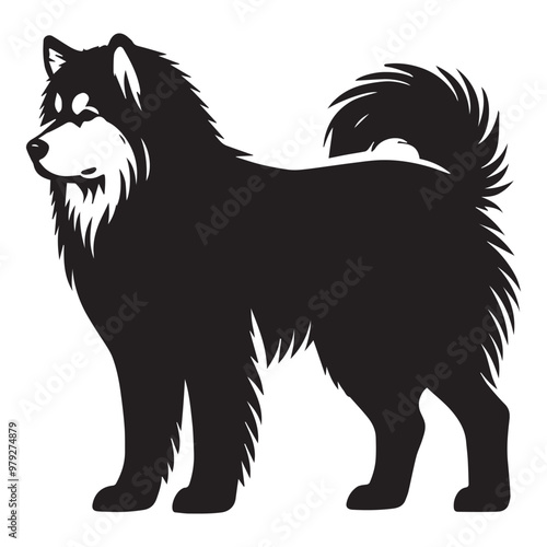 Alaskan Malamute dog silhouette Design, Dog Clipart vector illustration in black and white
