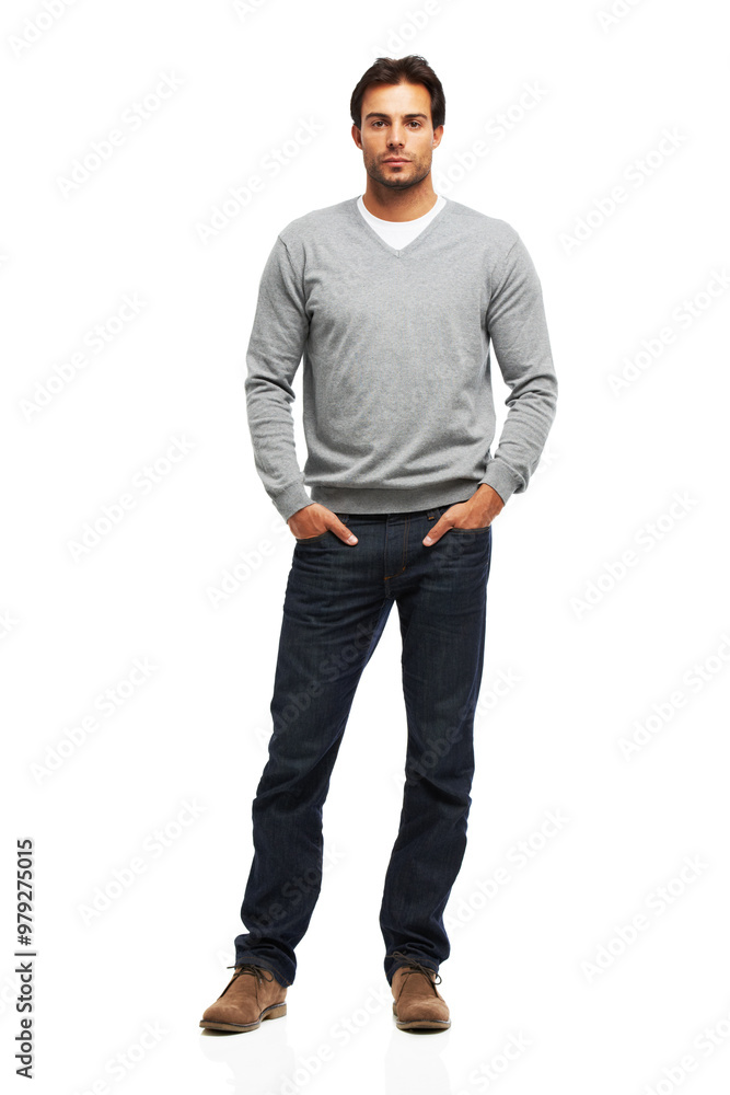 Fototapeta premium Serious, portrait and businessman with confidence in studio, professional career and positive attitude. Male model, consultant and pride by white background for creative startup, job and mockup space