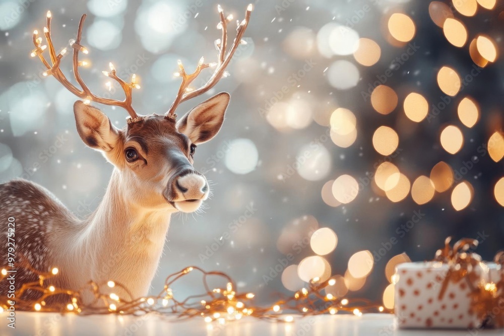 A charming deer with sparkling lights and a gift, creating a magical holiday atmosphere filled with enchantment and joy. A charming deer with sparkling lights and a gift, creating a magical holiday atmosphere filled with enchantment and joy.