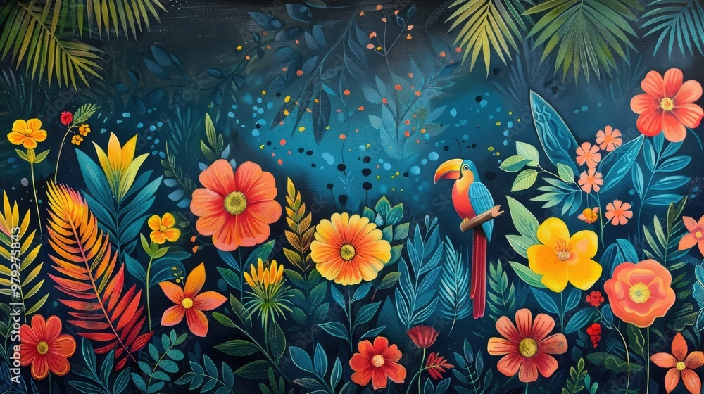 Vibrant Tropical Flowers and Parrots in a Lush Jungle Garden Background Colorful and Exotic Floral with Blooming Plants Leaves and Wildlife in a Natural Botanical Paradise Setting Vibrant Tropical Flowers and Parrots in a Lush Jungle Garden Background Colorful and Exotic Floral with Blooming Plants Leaves and Wildlife in a Natural Botanical Paradise Setting