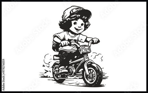 Boy in helmet riding a bicycle. Coloring book for children.