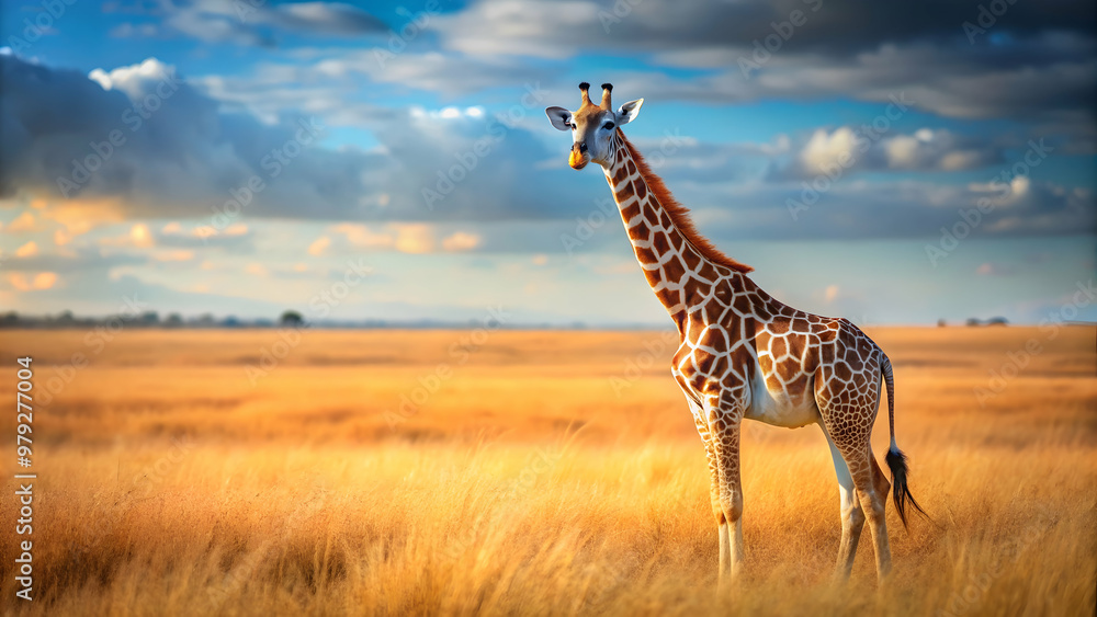 Obraz premium Surreal baby giraffe with long neck standing tall in an African savanna , Giraffe, baby, tall, long-necked, surreal, African