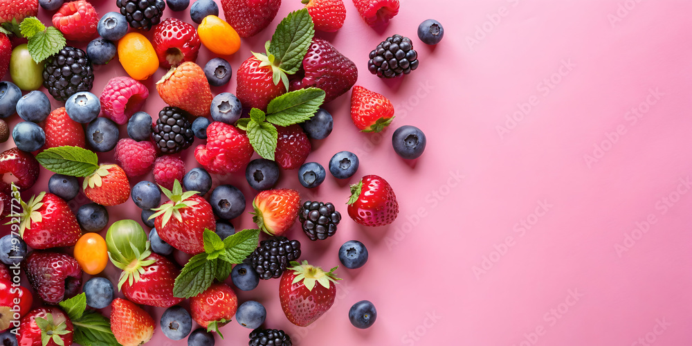 Healthy mix berries fruits on pastel pink background top view, strawberry, cherry, blueberry, raspberry Healthy mix berries fruits on pastel pink background top view, strawberry, cherry, blueberry, raspberry