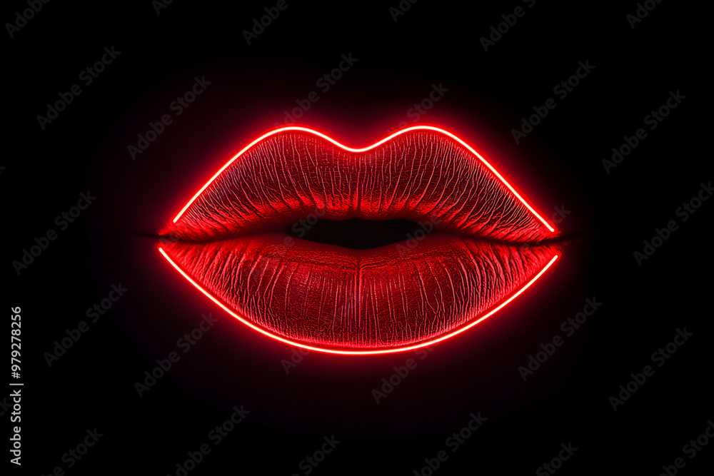 Fototapeta premium Red neon lips with lipstick isolated on black background