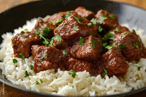 Close up of juicy meat in a richly spiced masala sauce served on soft basmati rice with a fragrant blend of spices filling the air offering a deliciously tempting meal