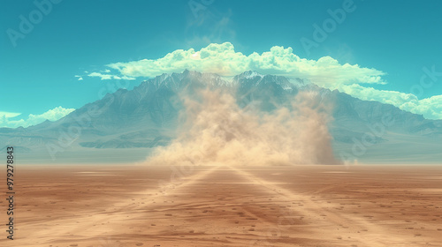 Dust Storm Sweeping Across Arid Desert with Distant Mountains photo