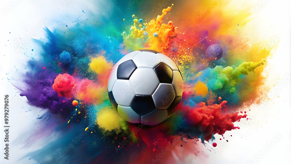 Naklejka premium Colorful explosion of paint surrounding a soccer ball , sports, soccer, ball, explosion, colorful, vibrant, paint