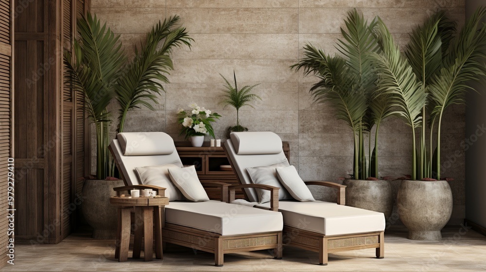 Obraz premium Relaxing indoor lounge area with comfortable chairs, tropical plants, and elegant decor