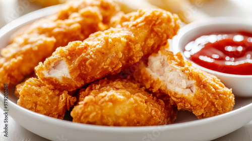 Crispy chicken strips, perfect for dipping in ketchup.