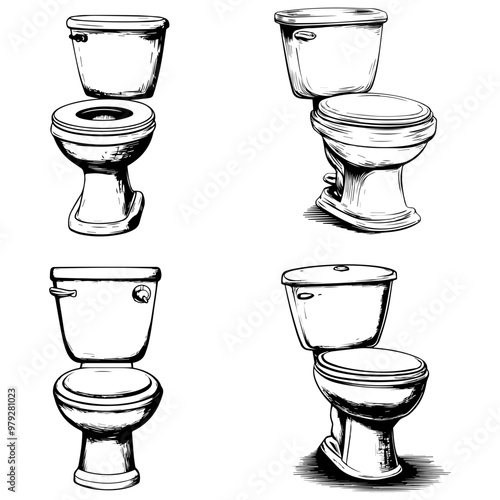 Collection of Vintage Toilet Illustrations Four Styles of Classic Bathroom Fixtures