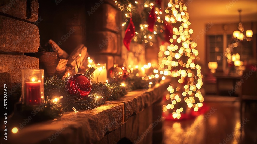 Cozy winter scene with a decorated Christmas tree and warm lights, creating a festive atmosphere by the fireplace. Cozy winter scene with a decorated Christmas tree and warm lights, creating a festive atmosphere by the fireplace.