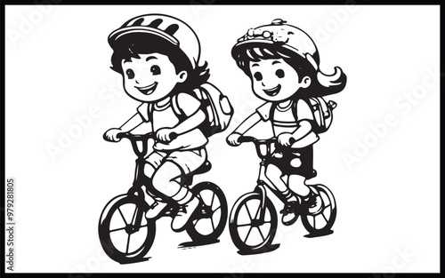 Boy in helmet riding a bicycle. Coloring book for children.