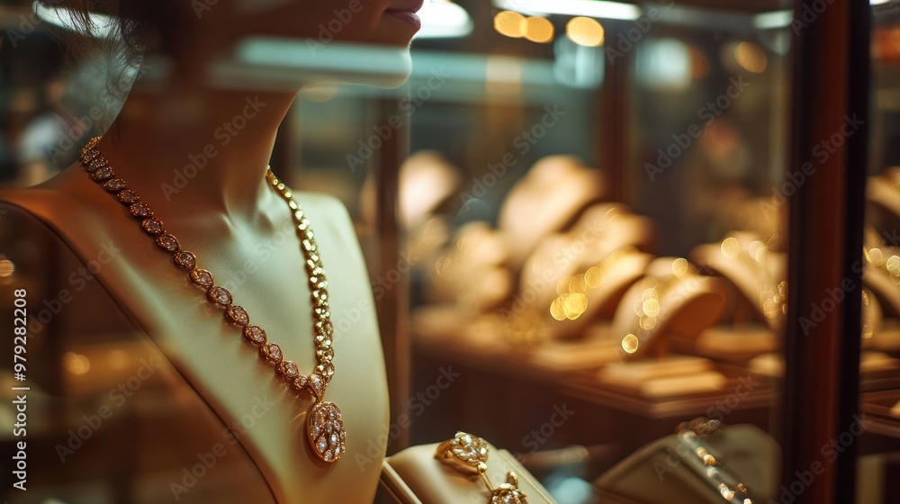 Obraz premium A luxury gold necklace being admired by a customer in an upscale jewelry store, with glass cases reflecting light and showcasing the elegant design of the piece