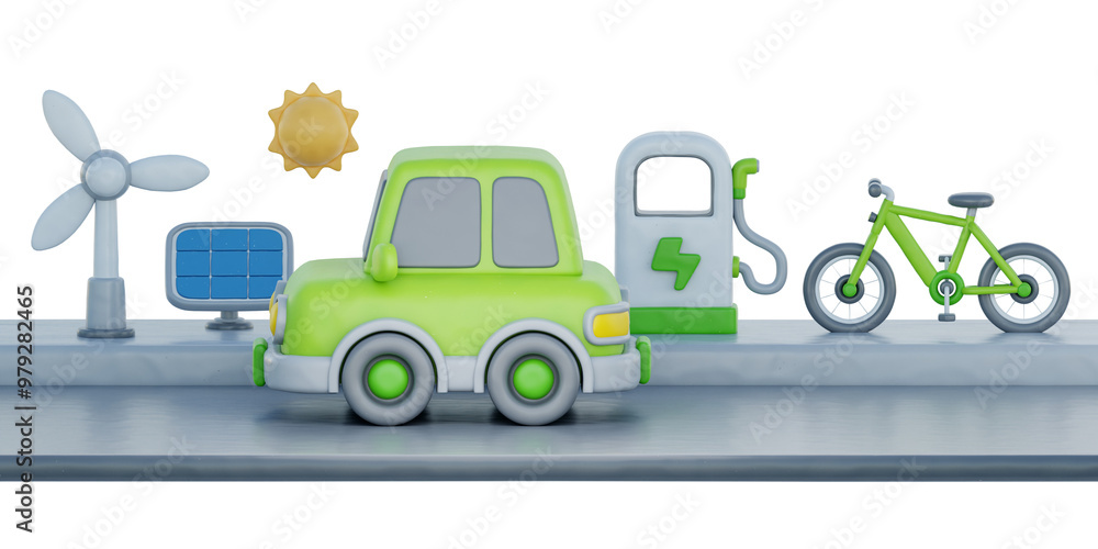 3d Electric car with charger stand, solar panel and wind turbines, Environmental Alternative Energy, cartoon style, 3d rendering. 3d Electric car with charger stand, solar panel and wind turbines, Environmental Alternative Energy, cartoon style, 3d rendering.