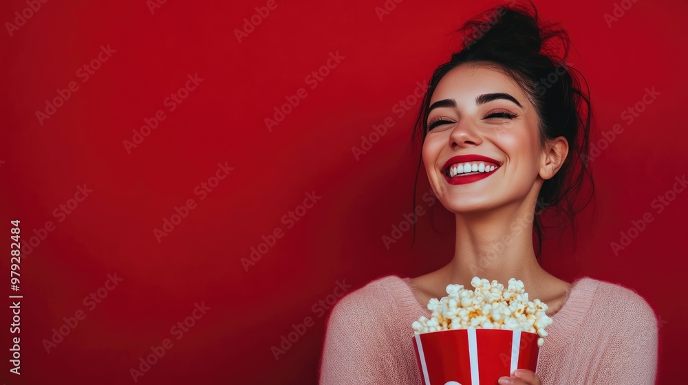 Cheerful Movie Lover Holding a Bucket of Popcorn Cheerful Movie Lover Holding a Bucket of Popcorn