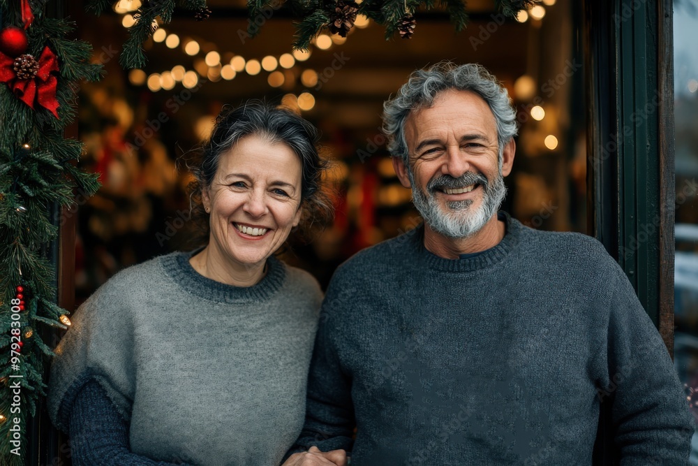 An older couple in cozy sweaters enjoying the holiday season with warm smiles, surrounded by decorative lights and greenery at the entrance of a shop. An older couple in cozy sweaters enjoying the holiday season with warm smiles, surrounded by decorative lights and greenery at the entrance of a shop.