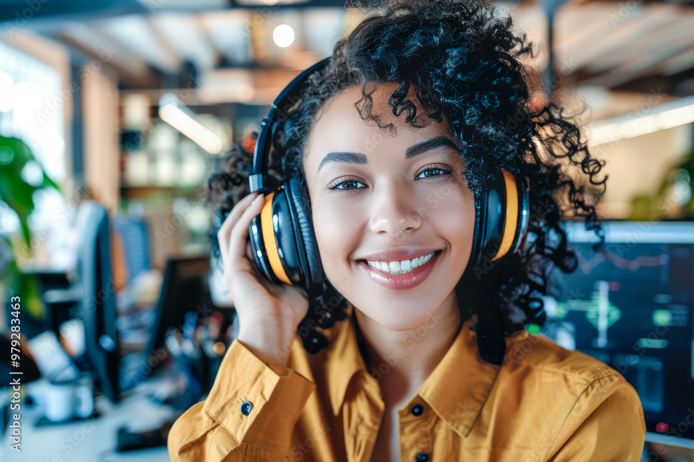 Smiling woman enjoying music with headphones in a modern office environment Smiling woman enjoying music with headphones in a modern office environment