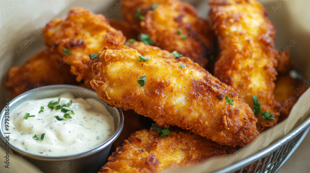 Crispy, golden chicken strips, ready to eat, in a grill basket with a creamy mayonnaise dip. Crispy, golden chicken strips, ready to eat, in a grill basket with a creamy mayonnaise dip.