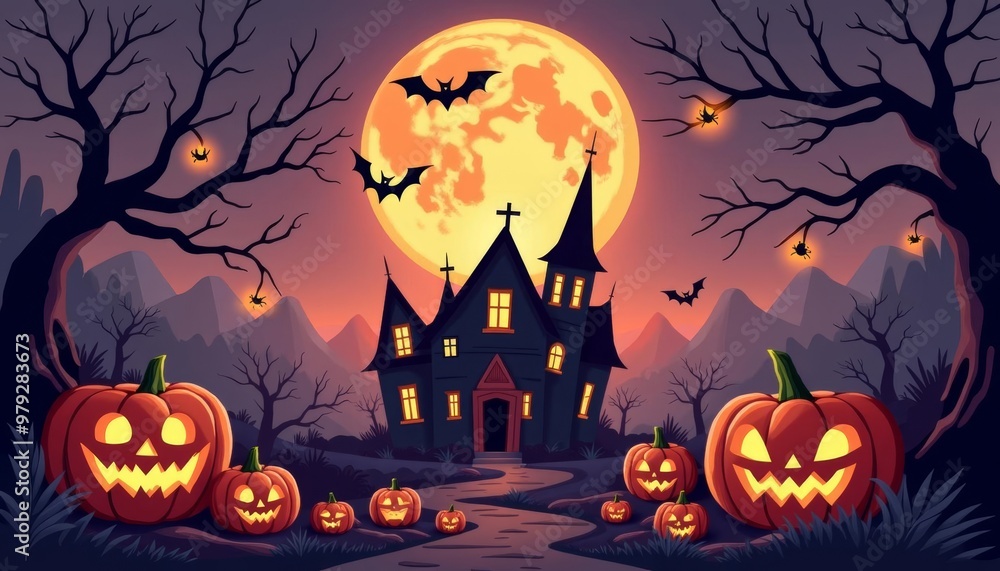 Spooky Halloween scene with jackolanterns and bats under a full moon Spooky Halloween scene with jackolanterns and bats under a full moon