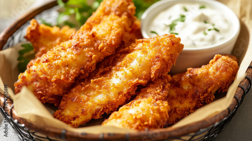 Crispy, golden chicken strips, ready to eat, in a grill basket with a creamy mayonnaise dip. photo